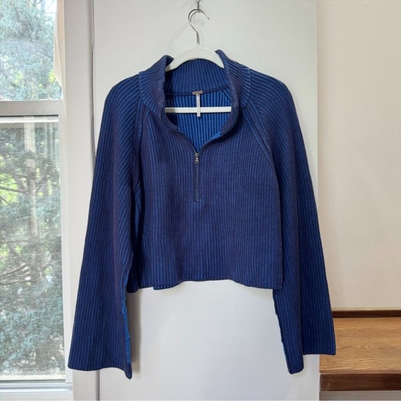 Free People Greta Half Zip Sweater Cropped Ribbed Knit Dark Navy Cobalt Blue XS - Picture 4 of 10